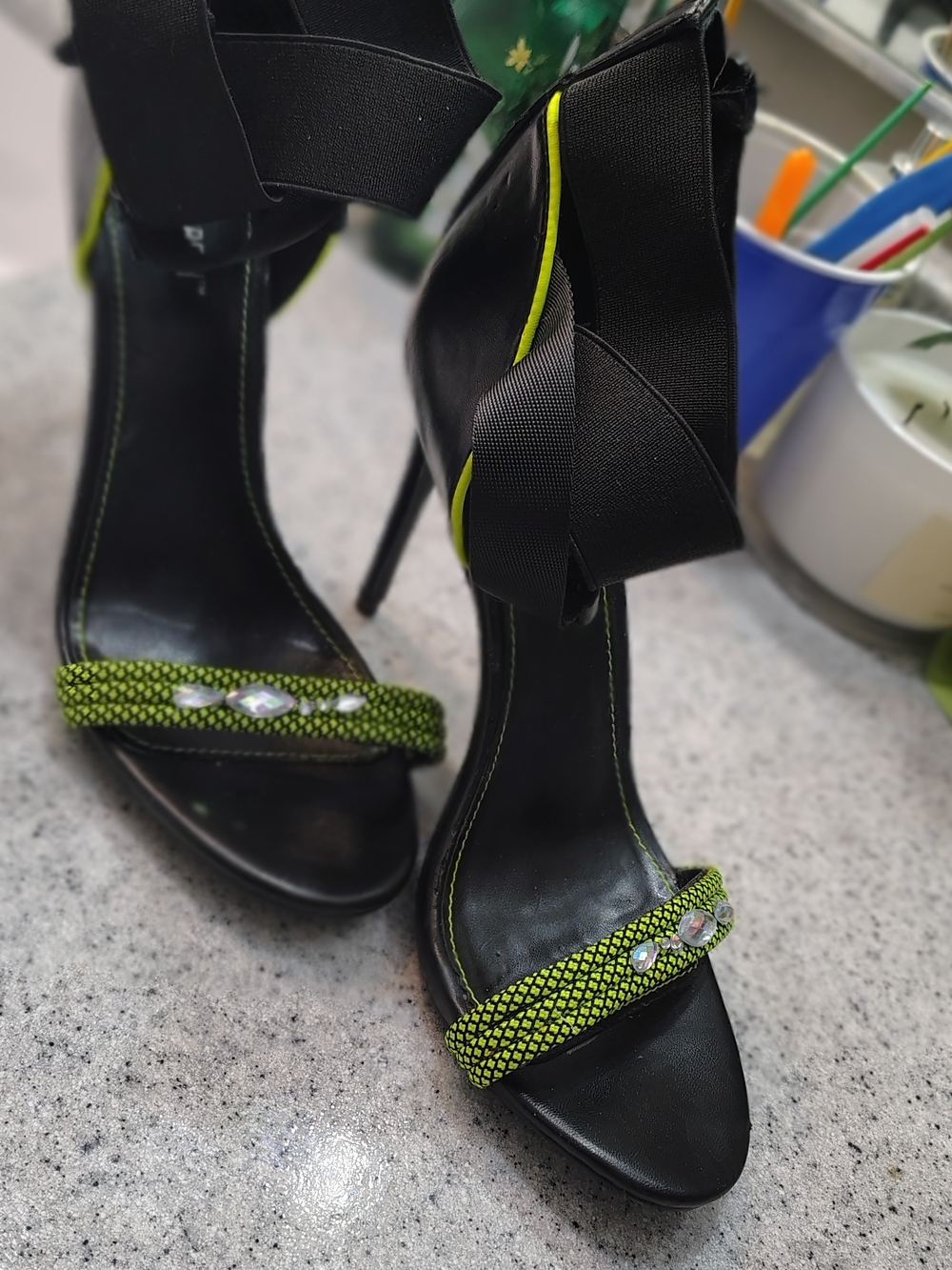 Women’s Black High Heel Sandals with Lime Green Accent